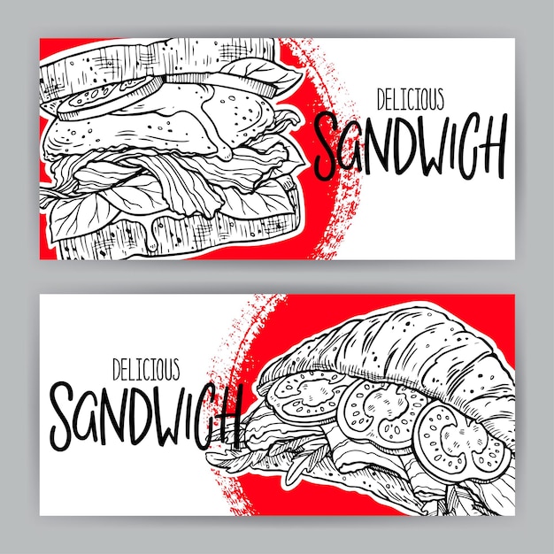 Two banners of delicious sandwiches handdrawn illustration