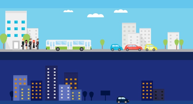 벡터 낮과 밤의 도시 생활이 있는 두 개의 배너. 사람, 버스, 자동차, 나무가 있는 벡터 평면 그림.