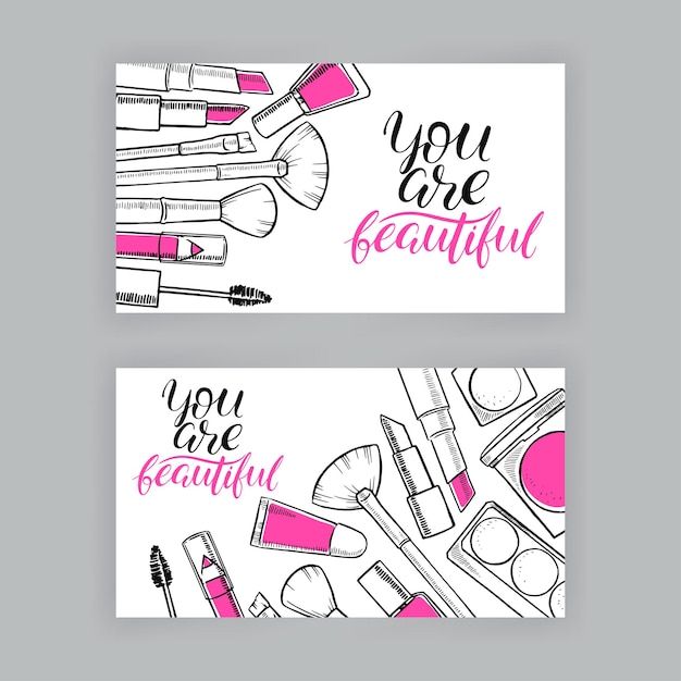 Vector two beautiful banners of different female cosmetics. hand-drawn illustration