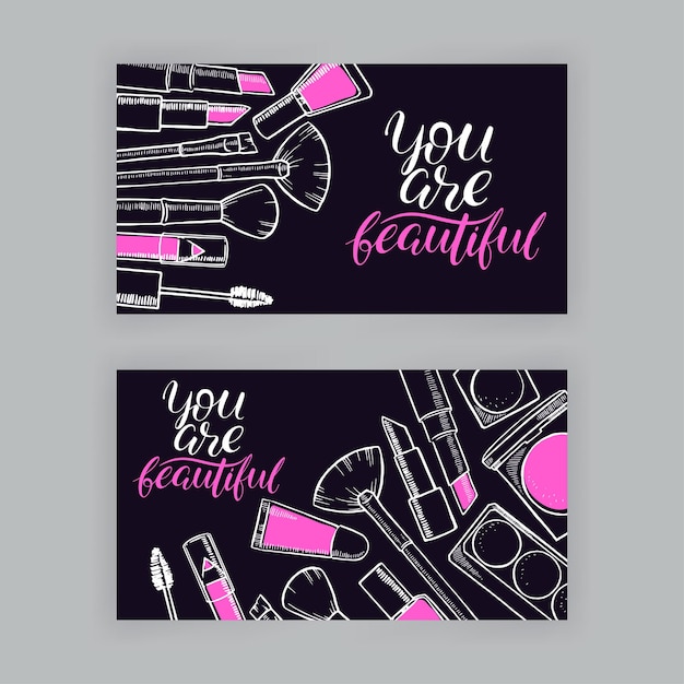 Vector two beautiful banners of different female cosmetics. hand-drawn illustration