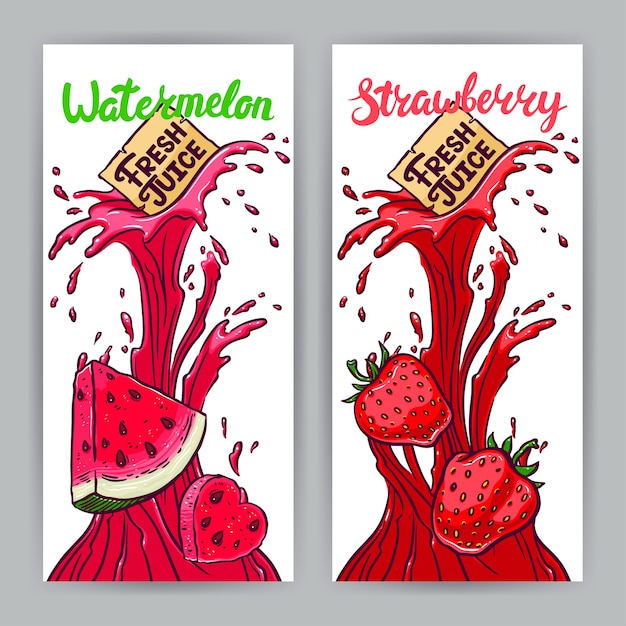 Two beautiful banners. Fresh Juice. watermelon and strawberries. hand-drawn illustration