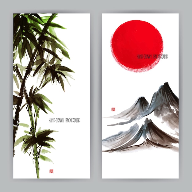 Вектор Два красивых баннера с японскими природными мотивами. суми-э. рисованная иллюстрация