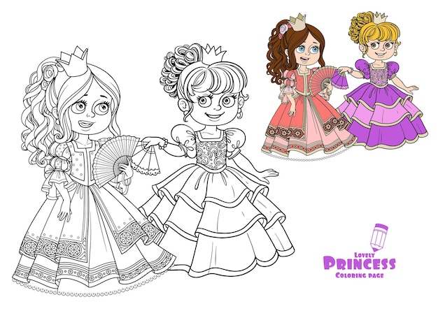 Two beautiful princesses communicate with fans color and outline for coloring isolated on white background