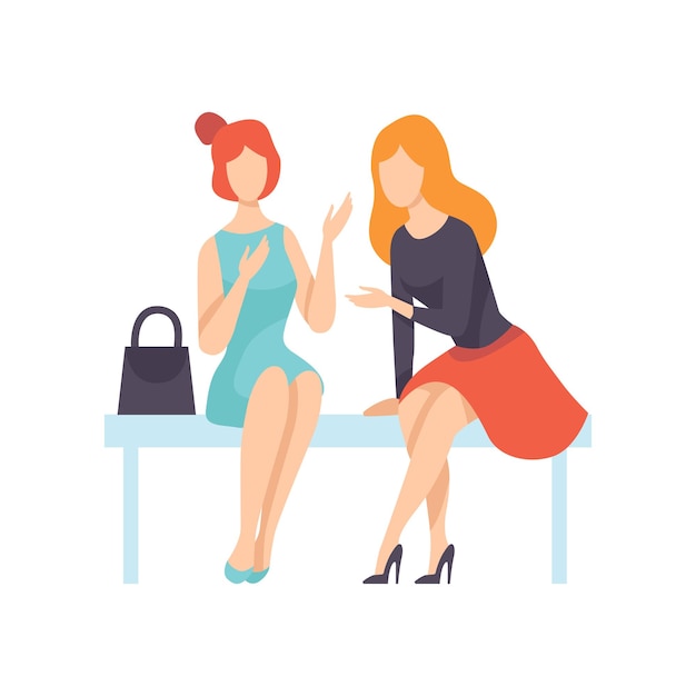 Two beautiful women friends sitting on bench and talking female friendship vector illustration