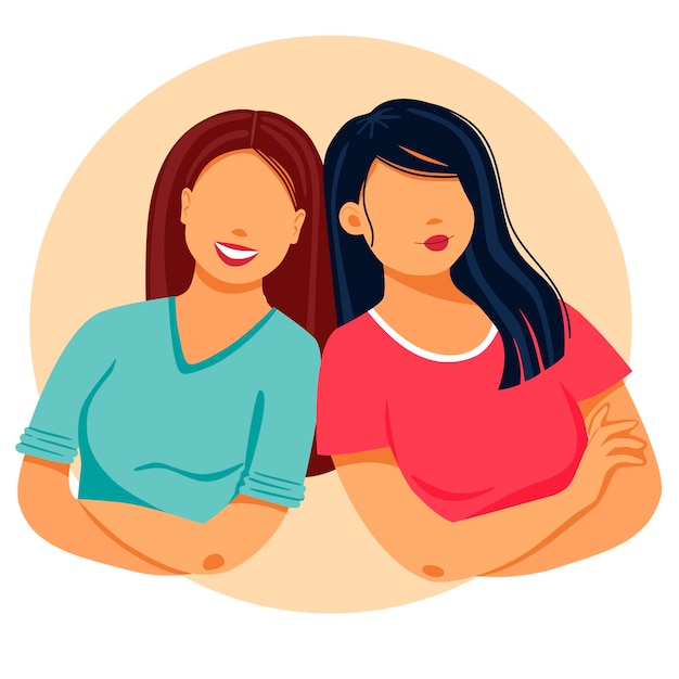 Vector two beautiful women stand together concept of sisterhood and females friendship vector illustration