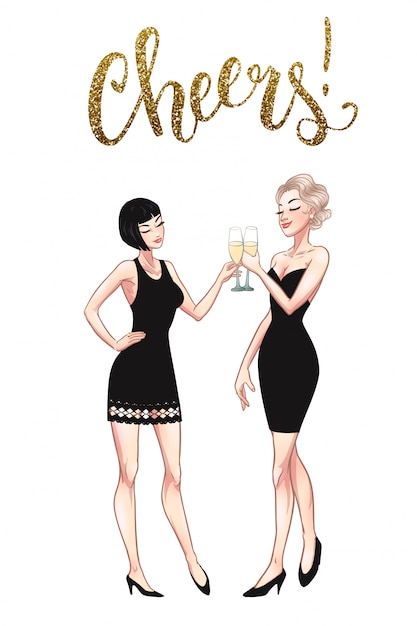 Two beautiful young women holding champagne glasses. twenties retro party pin-up flapper girls in black dresses. comic illustration