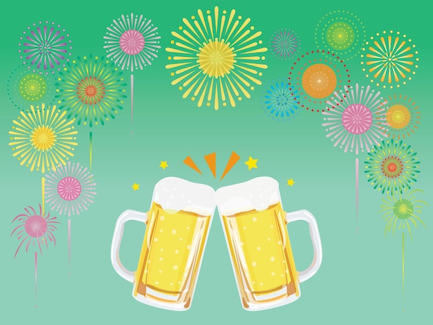 Two beer mugs with background of the fireworks display.