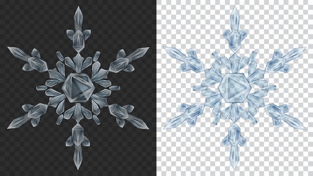 Due grandi fiocchi di neve di natale trasparenti complessi in colori blu chiaro per l'uso su sfondo scuro e chiaro