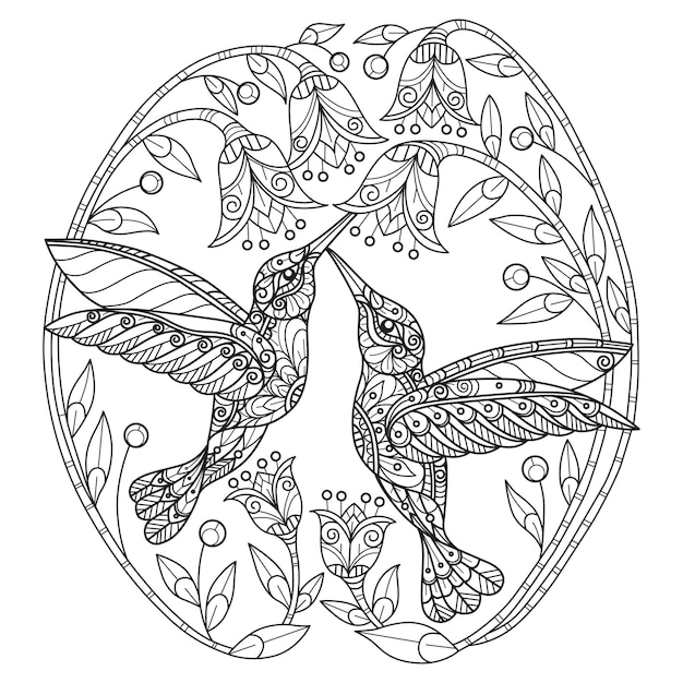 Two bird and flowers hand drawn for adult coloring book