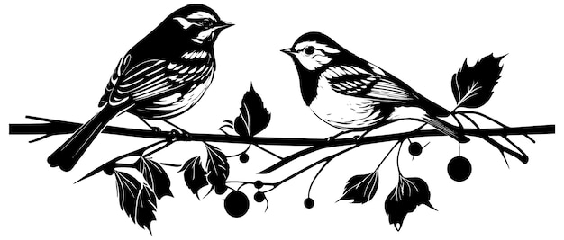 Two birds on a branch with berries.