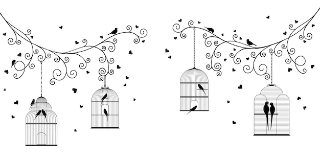 Vettore due uccelli in una gabbia con dei cuori sopra