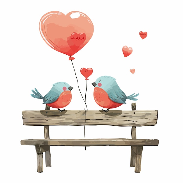 two_birds_sitting_on_wooden_bench_with_air_ballon