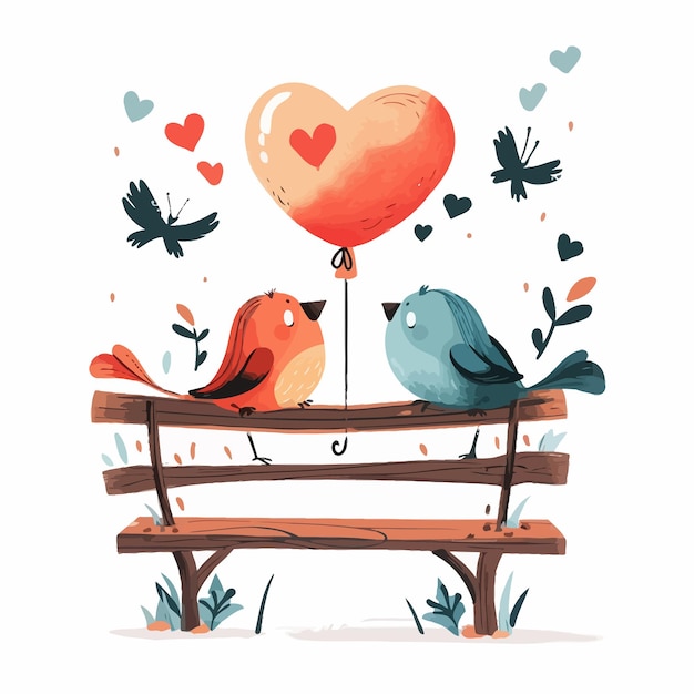 Vector two_birds_sitting_on_wooden_bench_with_air_ballon