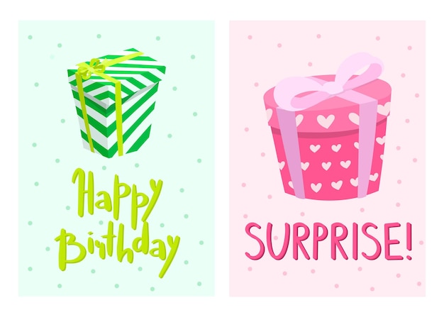 Two birthday greeting cards or banners Decorated holiday gift box with a bow and the inscription Surprise Vector cartoon illustration