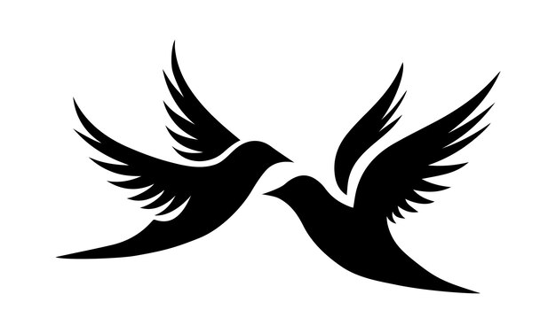 두 개의 검은 새 실루엣 평화의 비둘기 흰색 배경에 고립 된 검은 비둘기 실루엣
