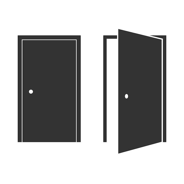 Two black icons doors open and closed on a white background