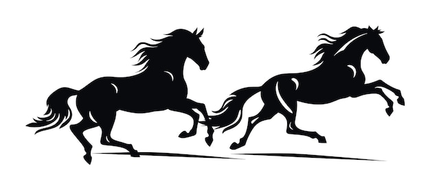 Two black silhouetted horses galloping side by side on a plain white background dynamic equestrian