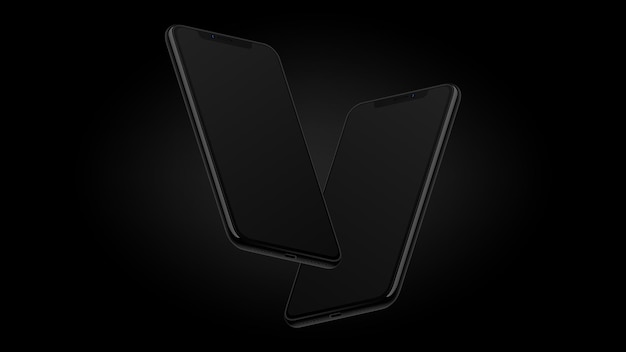 Vector two black smartphones in diagonal angle editable dark mockup vector illustration