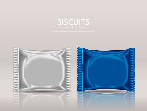 Vector two blank biscuits package, foil food package template for design in 3d illustration