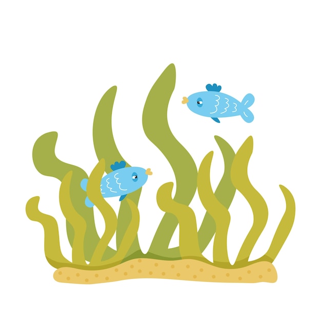 Две синие рыбы в водорослях на дне