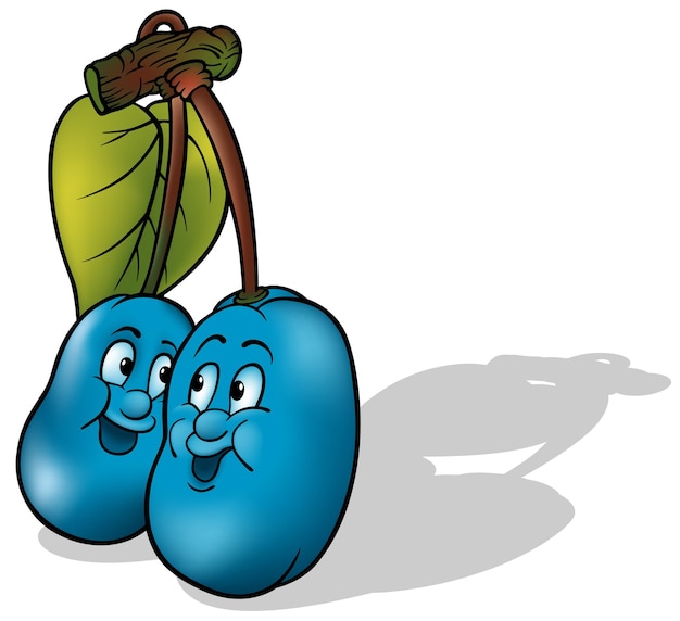 Due prugne blu con la faccia sorridente appesa al ramoscello