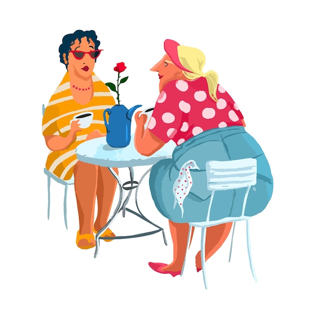 Two bodypositive female girlfriends are sitting at a cafe table