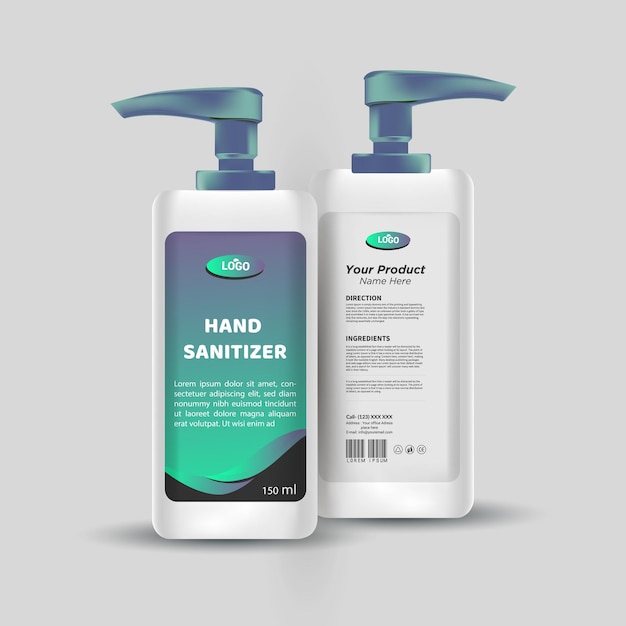 two bottles of hand washing are shown on a gray background