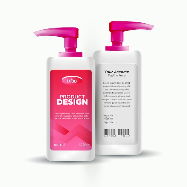 two bottles of pink and white shampoo are shown on a white background