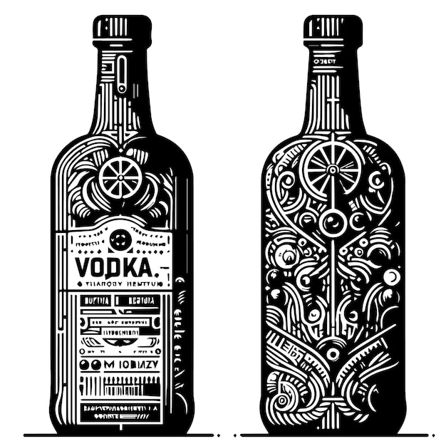 two bottles of vodka are shown with the words  vodka  on the bottom