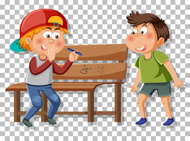 Two boy drawing on public bench