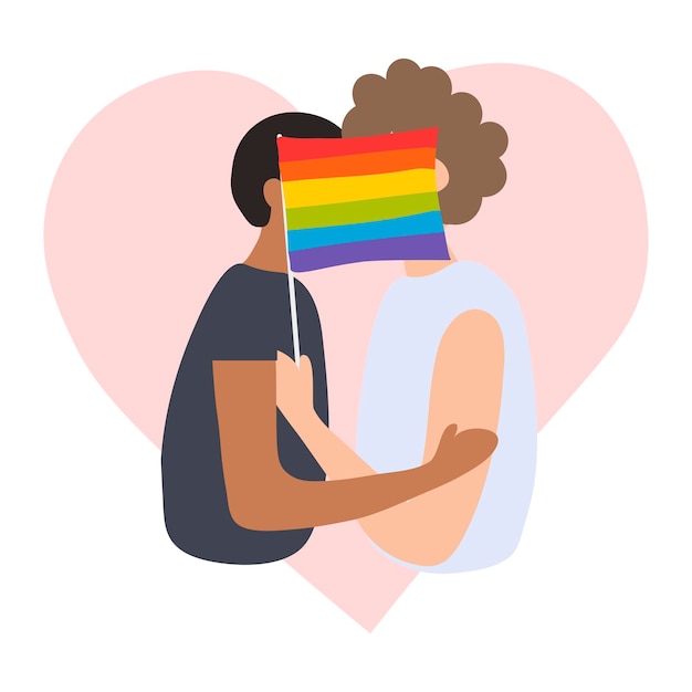 Two boy kiss for an LGBT flag on pink heart Homosexual people