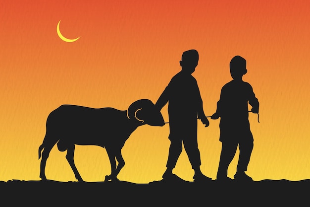 Due ragazzi che camminano con la capra qurbani con sfondo serale