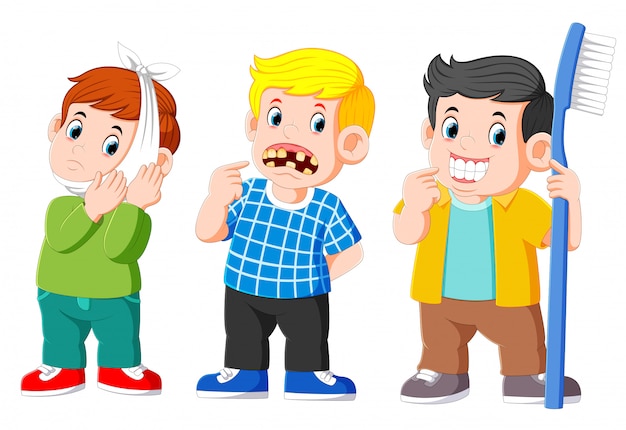 不健康な歯を持つ2人の少年と健康な歯を持つ少年