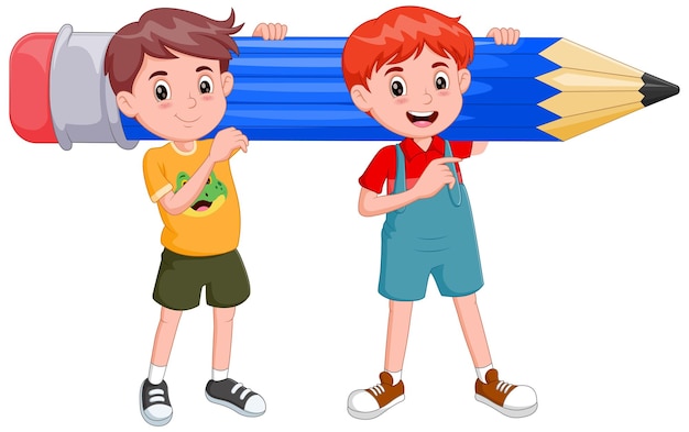 Vector two boys cartoon holding a big pencil vector illustration