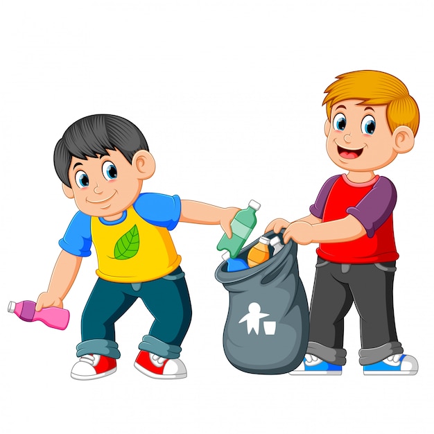 Two boys collecting rubbish