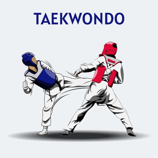 Vettore due ragazzi che combattono nella competizione di taekwondo vettore di illustrazione