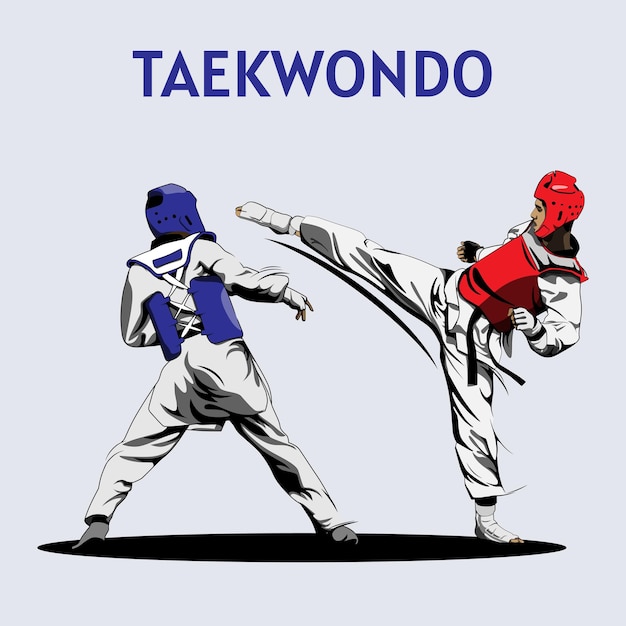 Vettore due ragazzi che combattono nel concorso di taekwondo illustrazione vettoriale