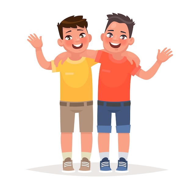 Two boys hugged and waved hands. Best friends. in cartoon style