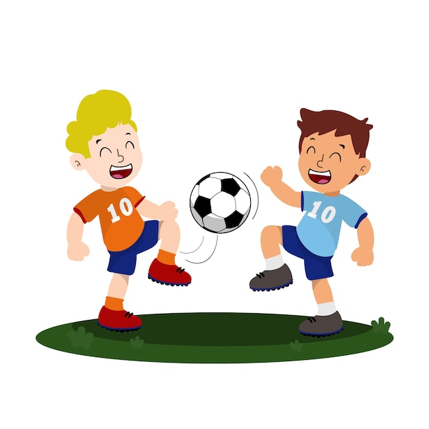 Vector two boys playing soccer with one wearing a shirt that says'10'on it