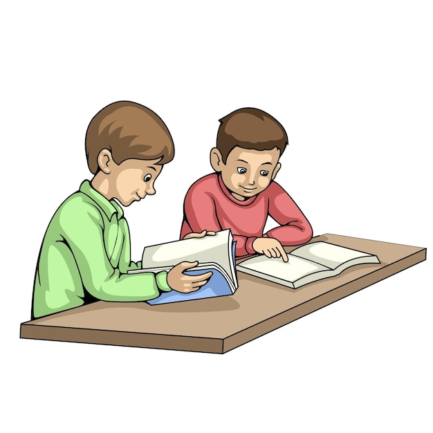 Two boys reading flat vector Illustration