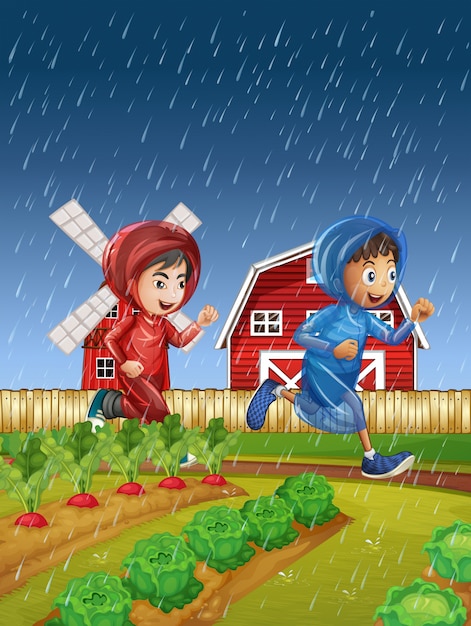 Two boys running in the rain