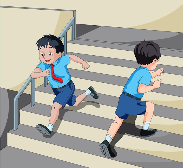 Two boys running up and down on the stairs vector illustration