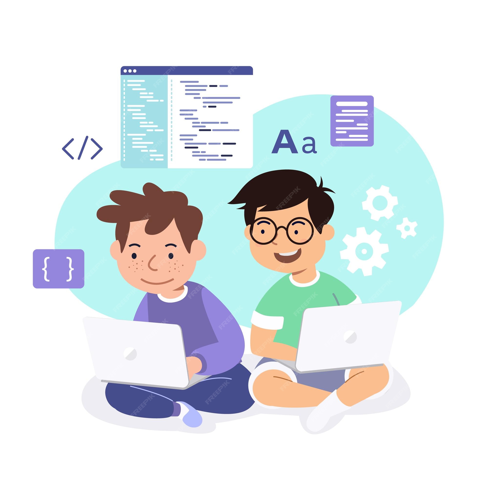 Premium Vector | Two boys with laptops learn to code programming vector ...