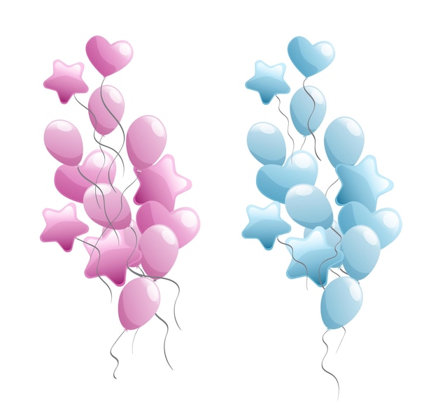 Vector two bunch of flat style pink and blue balloons for gender reveal party on ribbons