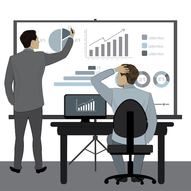 Due uomini d'affari presentazione o brainstorming elementi infografici illustrazione vettoriale azionaria