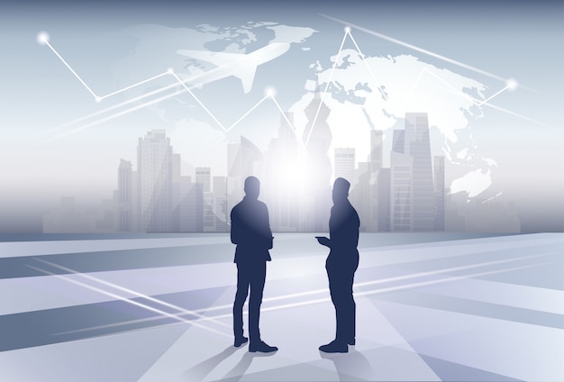 two business man silhouette businesspeople human resources over world map trip flight concept