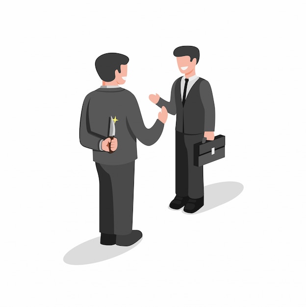 Vector two business man standing and but first one holding knife behind back to backstab. hiding killer concept in cartoon flat illustration