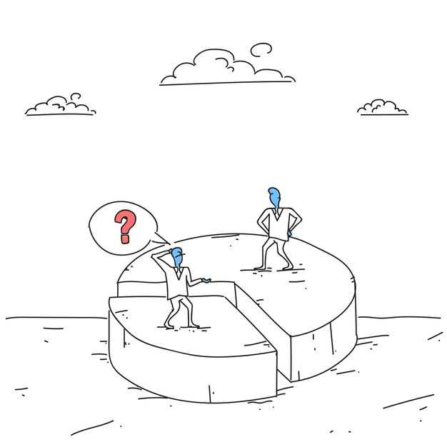 Two business men on pie diagram getting inequality shares, businessmen competition success concept