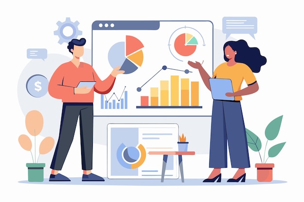 two business people analyzing company charts on a large screen in a modern office setting two business people analyzing company charts simple and minimalist flat vector illustration