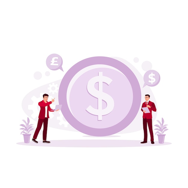 Two business people are using the laptop and digital tablet Shop online and earn cash back Dollars yen Cashback concept trend modern vector flat illustration